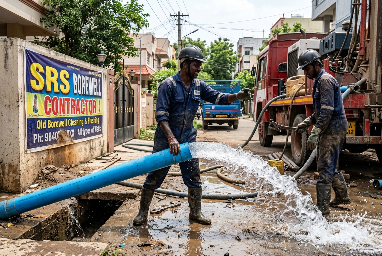High pressure water flushing out of a borewell pipe during cleaning
